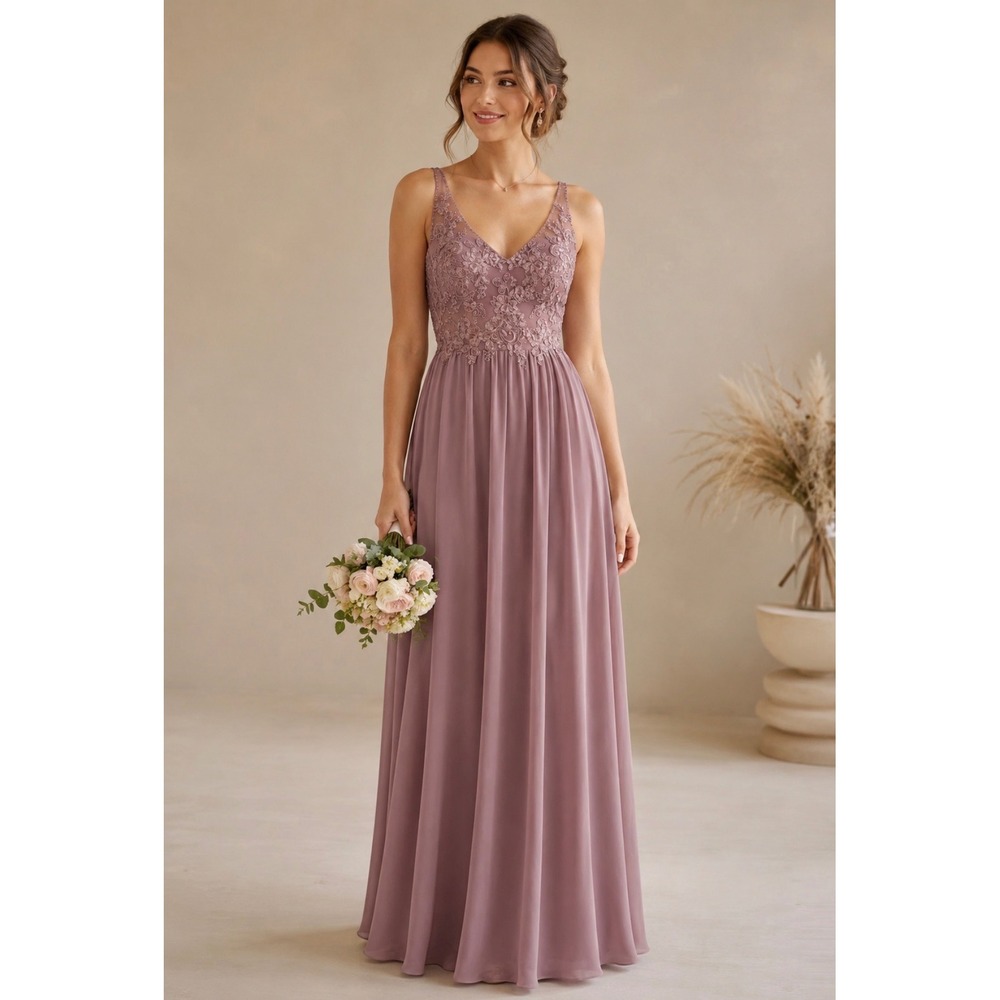 Azazie A4 Dusty Rose Lace V-Neck Chiffon Bridesmaid Formal Maxi Dress
